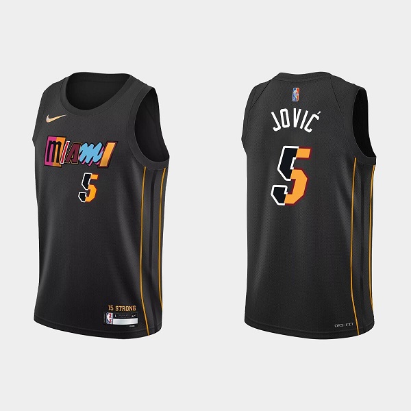 Men's Miami Heat #5 Nikola Jovic 2022 Black City Edition 75th Anniversary Stitched Basketball Jersey Men's Miami Heat #5 Nikola Jovic 2022 Black City Edition 75th Anniversary Stitched Basketball Jersey